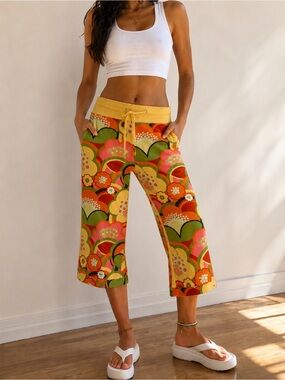Nilla Shields Retro Floral Cropped Pants XS Colorful Drawstring Cotton Boho Y2K